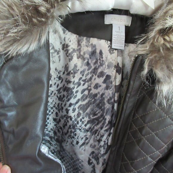 Chico's brown faux leather/fur collar zip front long sleeve jacket *Sz 1(M)* - Picture 7 of 7